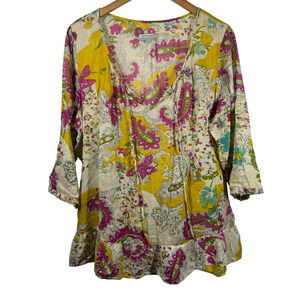 World Market Top Women L/XL Paisley Floral Semi Sheer Boho 3/4 Sleeve Ruffle